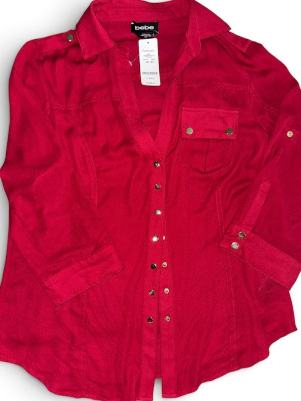 NWT bebe Women's Red Button-Front Collared Shirt gold buttons and pocket medium